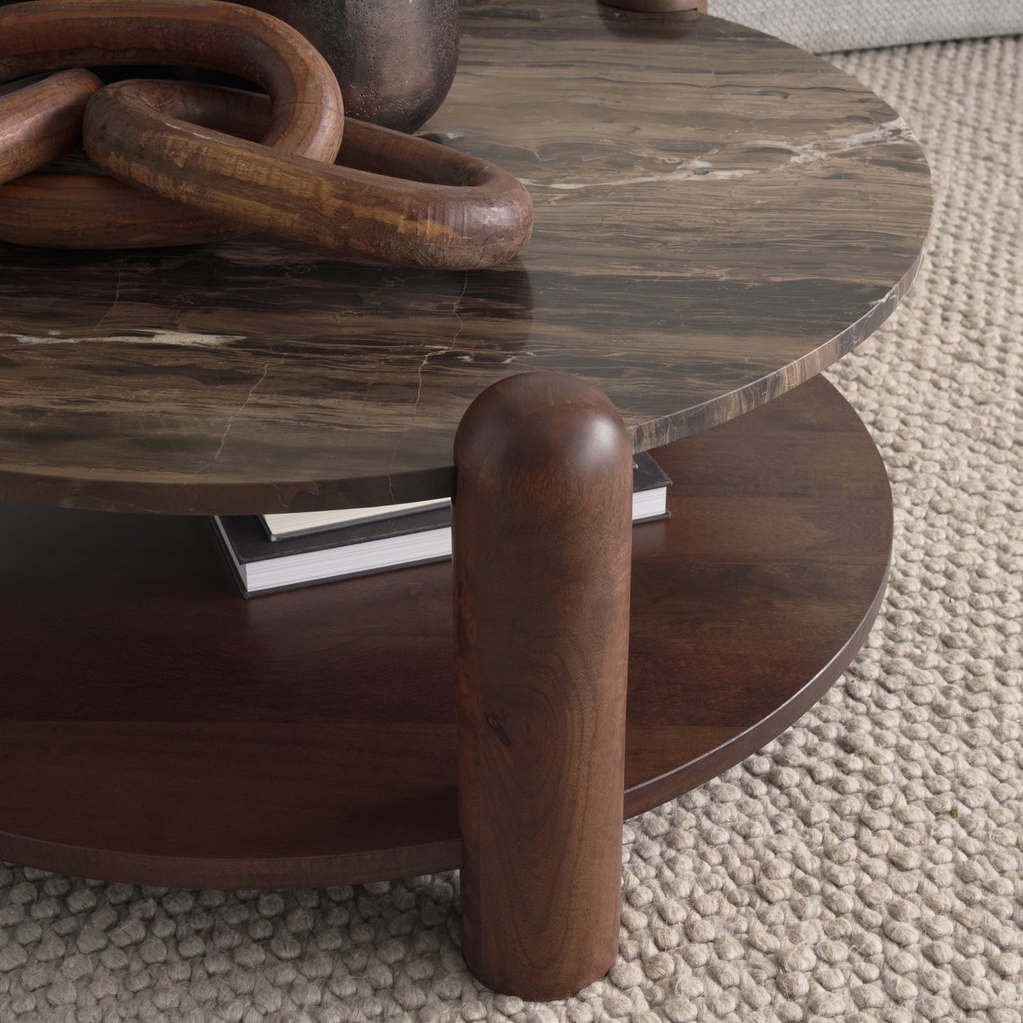 Jovia Brown Mango Wood Coffee Table with Cappuccino Marble Round Top - Elegant and Sophisticated Living Room Accent