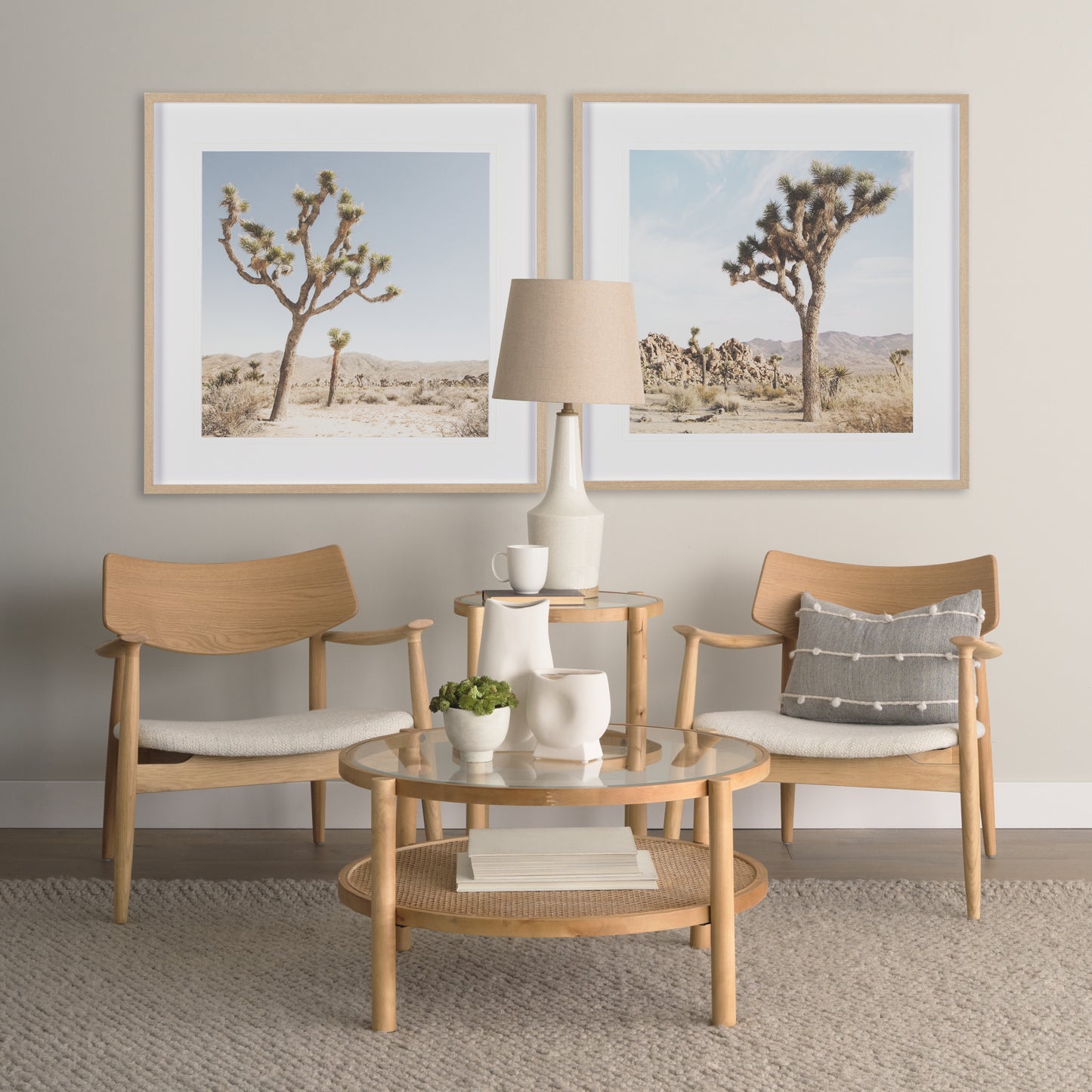 Weslyn Solid Light Brown Wood and Glass Top Coffee Table with Cane - Stylish and Modern Living Room Accent