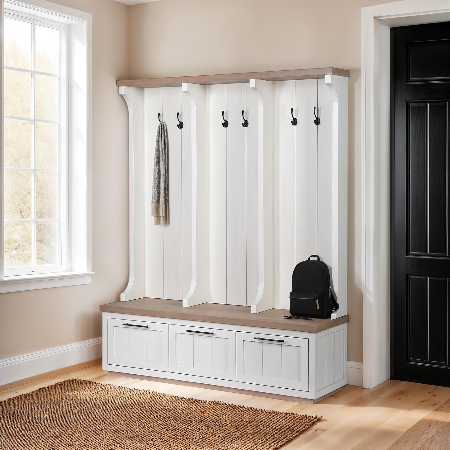 Fairview White & Brown Wood Hall Tree with Storage – Entryway Organizer