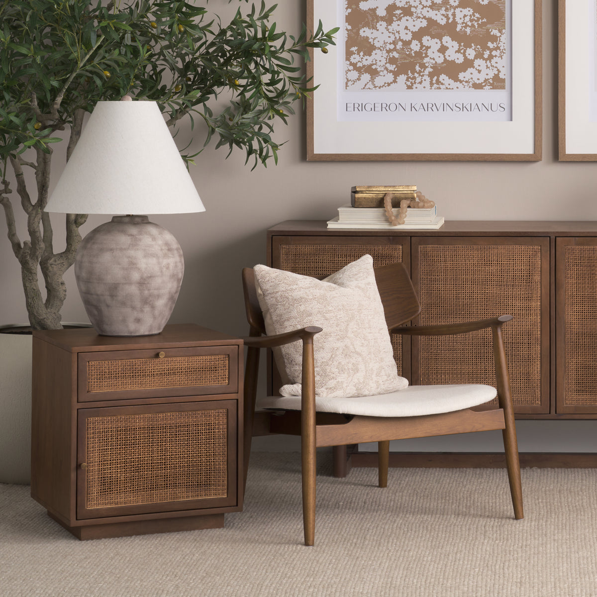 Haggen Medium Brown Oak Wood Cream Fabric Accent Chair