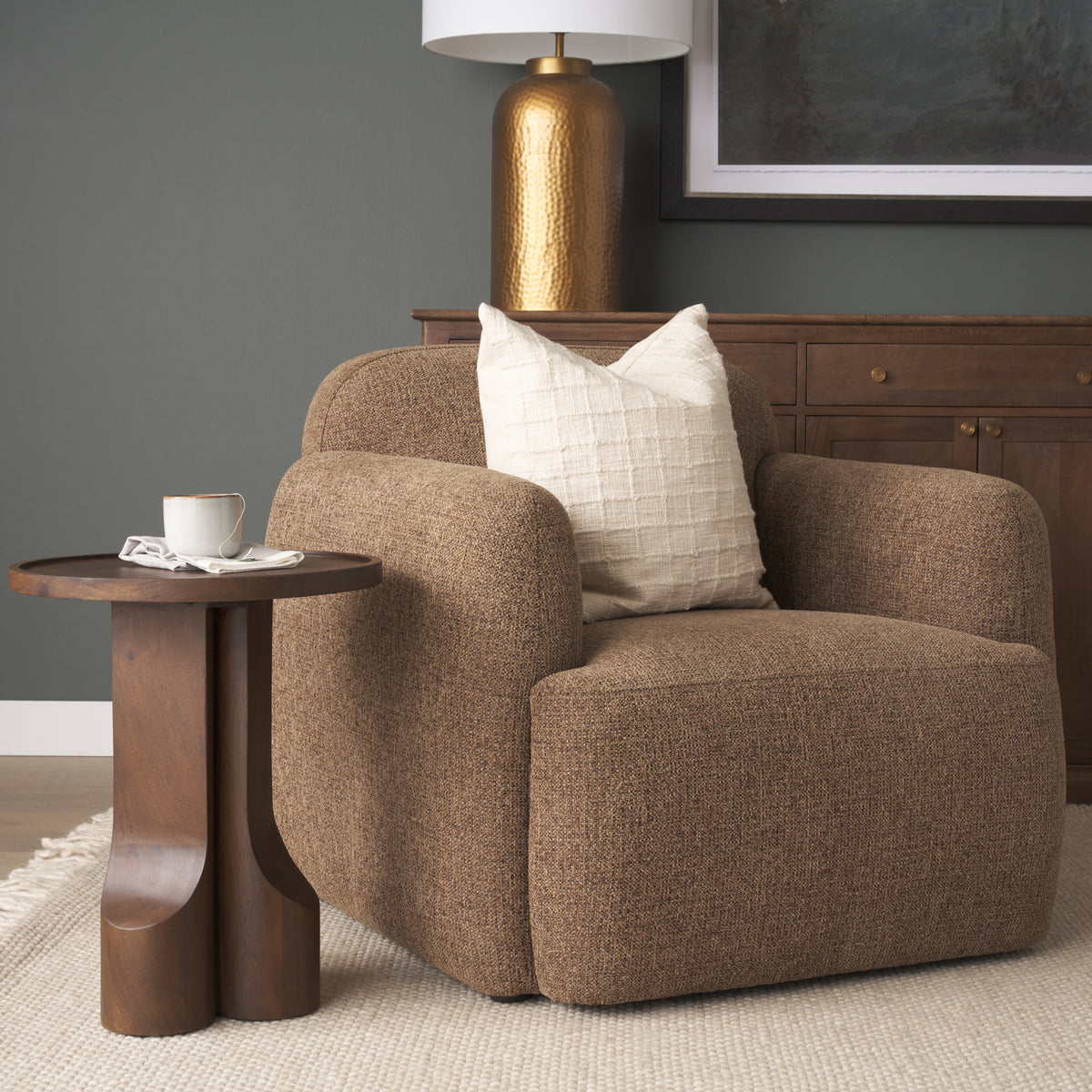 Saga Textured Brown Plush Fabric Upholstered Chair