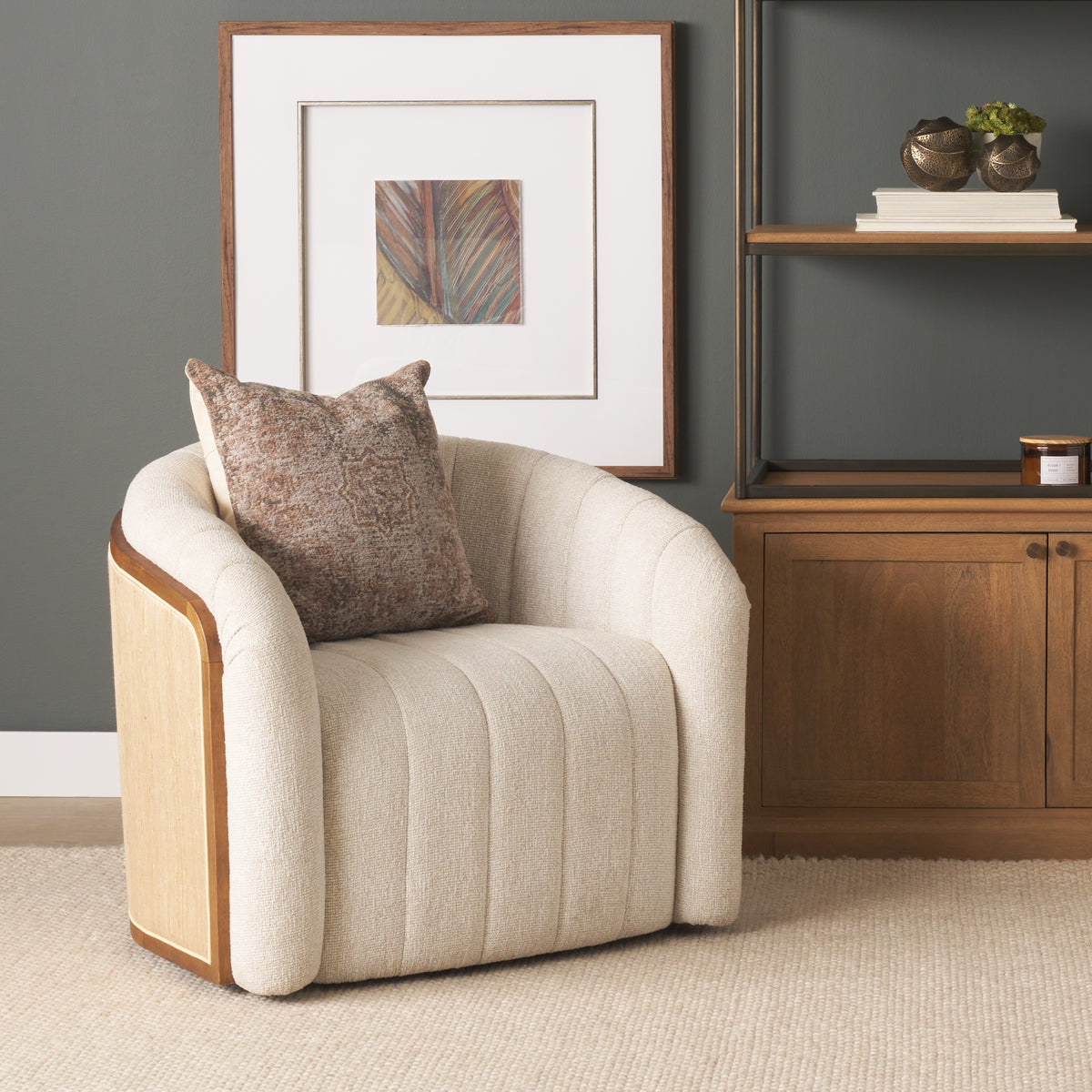 Fonda Cream Fabric w/ Natural Jute Swivel Accent Chair