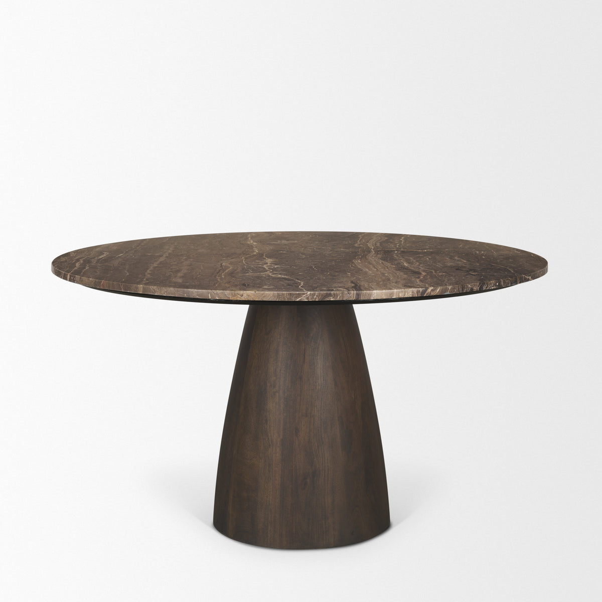 Allyson 54 Inch Round Dark Brown Pedestal Dining Table with Cappuccino Marble Top