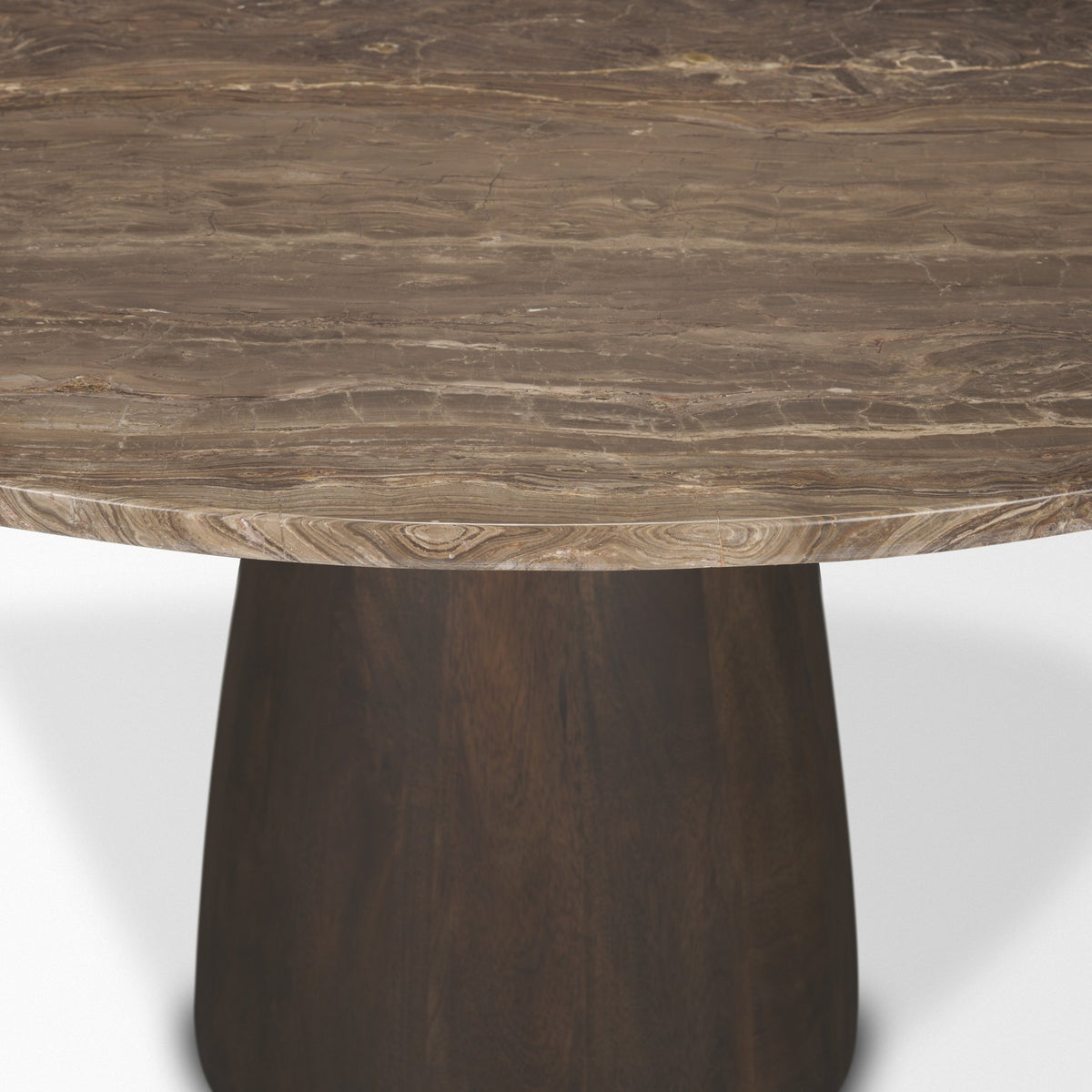 Allyson 54 Inch Round Dark Brown Pedestal Dining Table with Cappuccino Marble Top