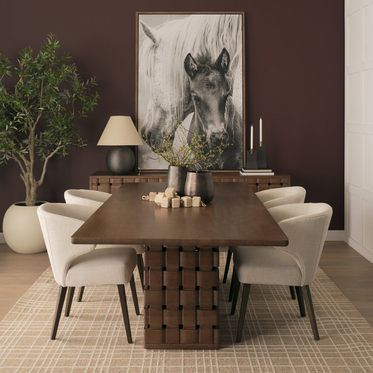 Trellyn Dark Brown Solid Wood Dining Table with Carved Woven Base
