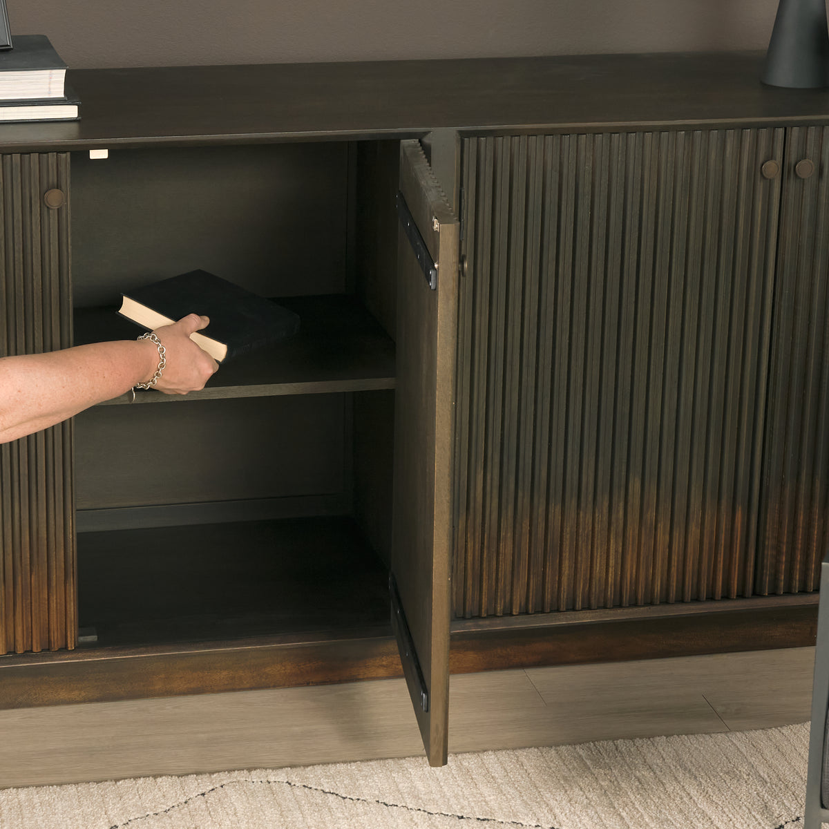 Cinder Distressed Dark Brown Wood Reeded 4‑Door Sideboard