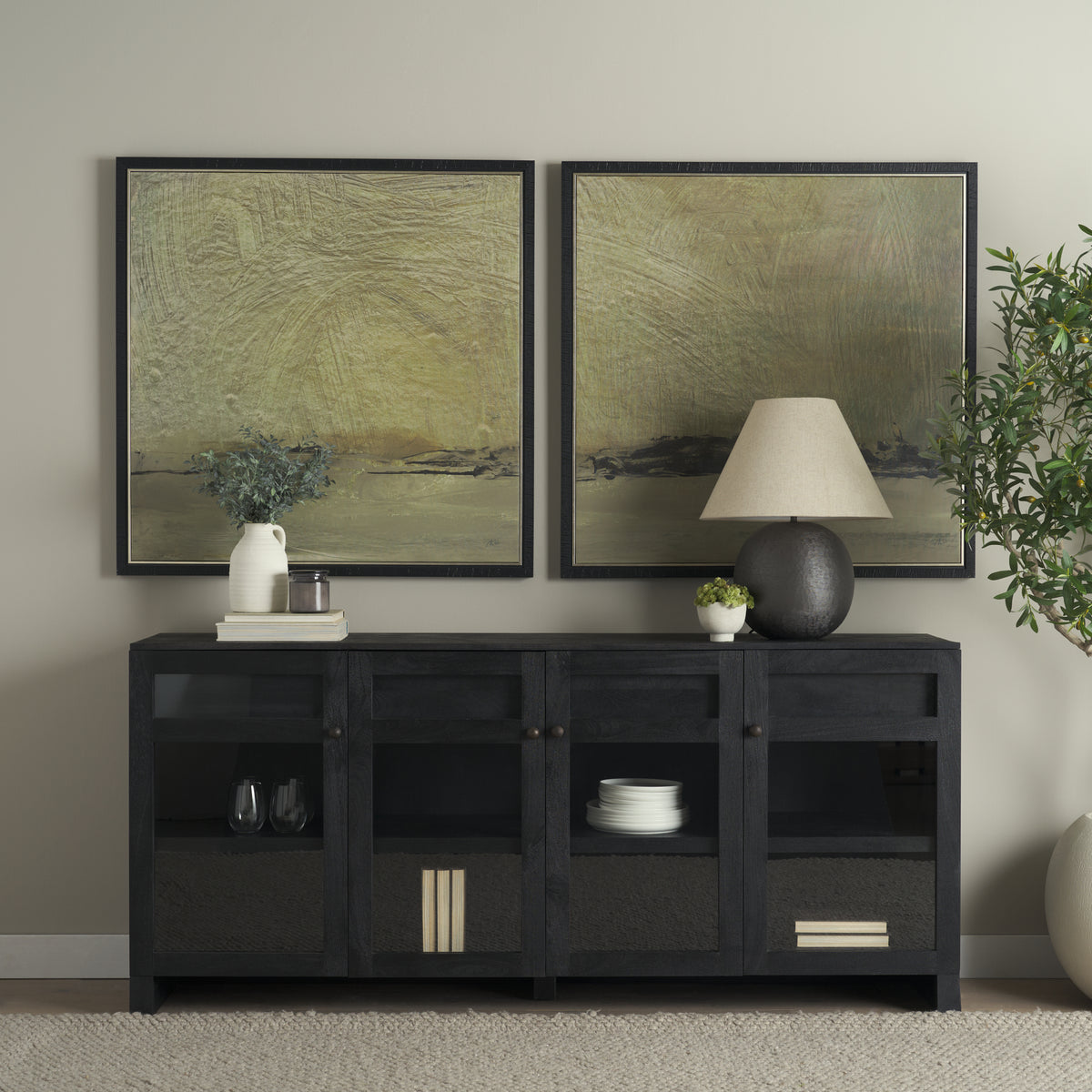 Suri Black Wood 4‑Door Sideboard with Glass Panels