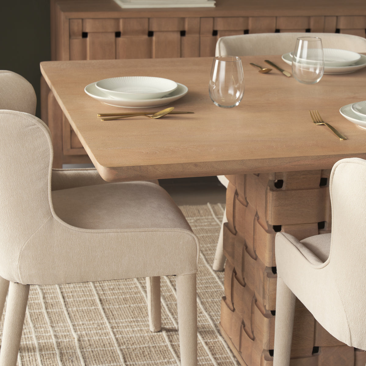Trellyn Light Brown Solid Wood Dining Table with Carved Woven Base