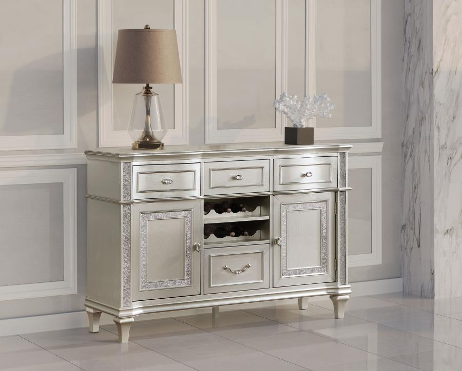 Evangeline 4-Drawer Sideboard Server β Silver Oak Finish with Faux Diamond Trim for Glamorous and Functional Dining Elegance