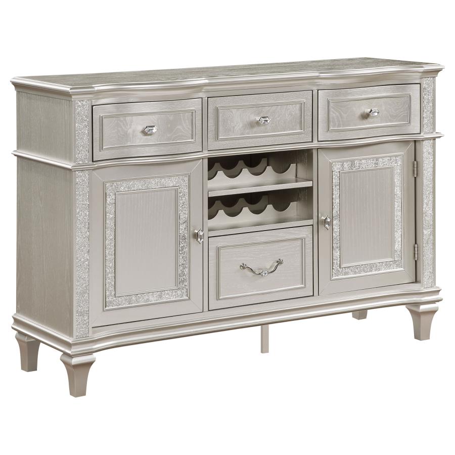 Evangeline 4-Drawer Sideboard Server β Silver Oak Finish with Faux Diamond Trim for Glamorous and Functional Dining Elegance