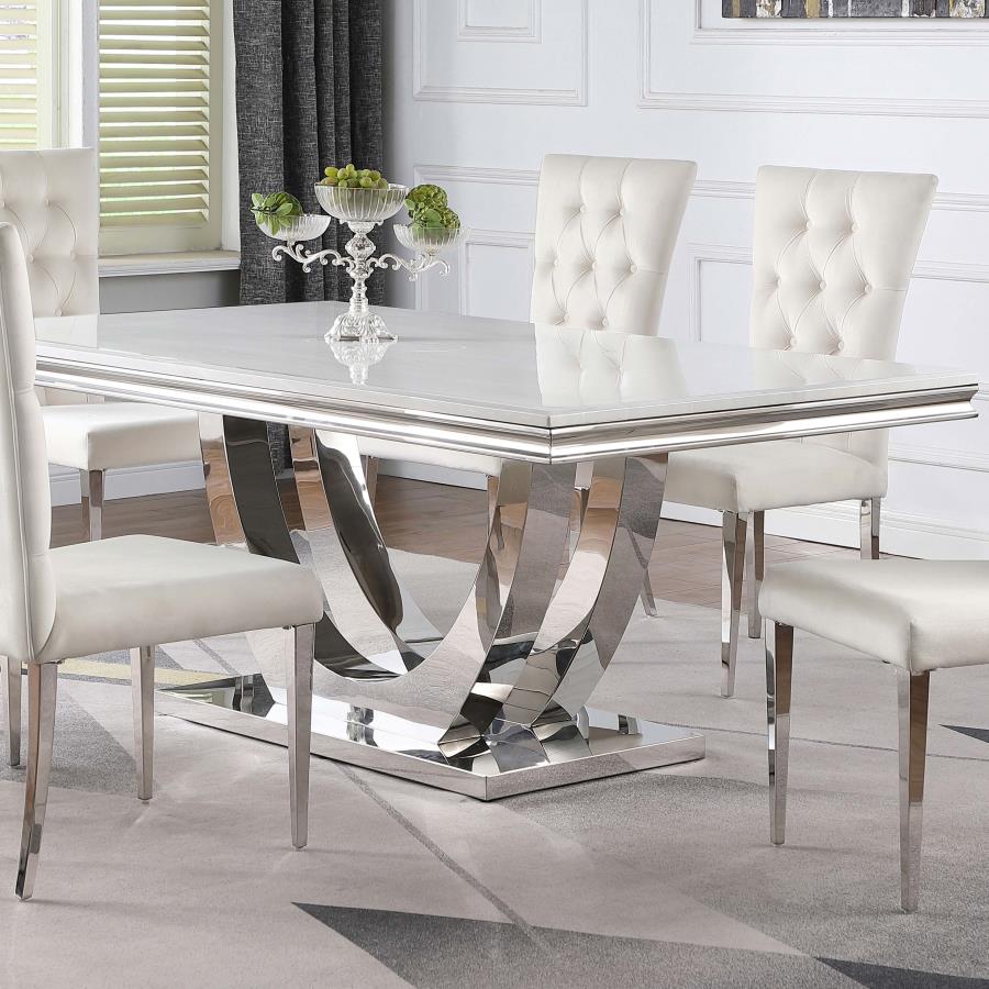 Kerwin Rectangle Dining Table β White Faux Marble Top & Chrome Base for Modern Luxe Style