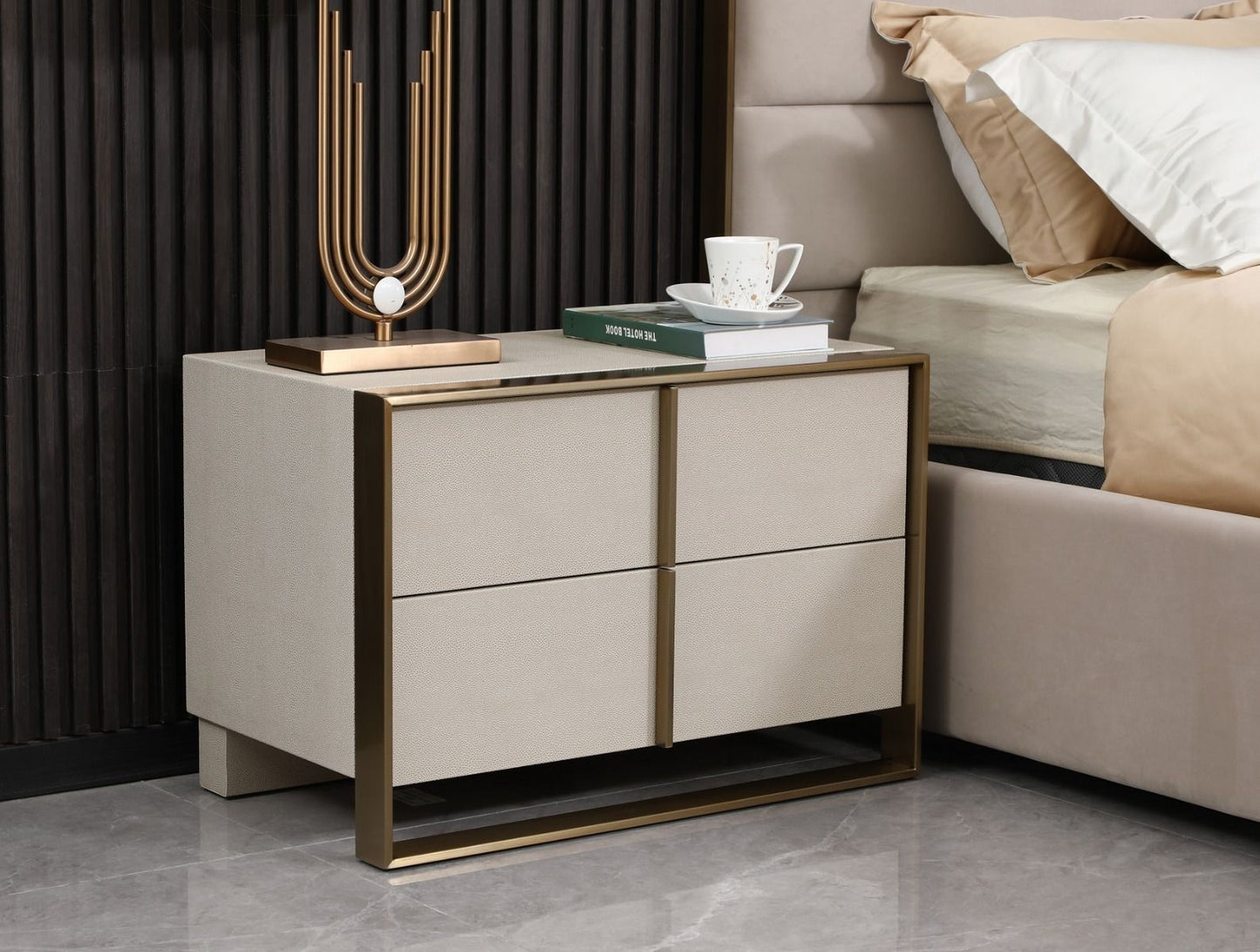 Nova Domus Cartier - Modern Beige Shagreen and Brushed Brass Nightstand