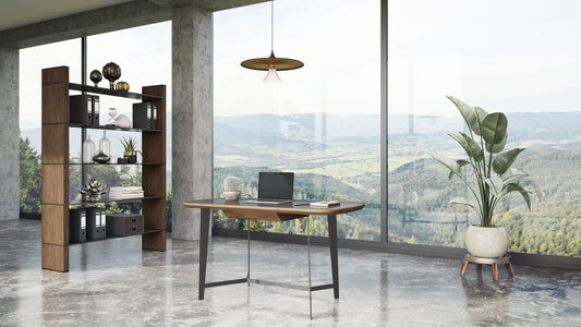 Modrest Girard Desk β Modern Walnut Wood with Sleek Black Glass Top for Stylish Workspaces