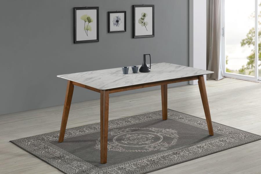 Everett Faux Marble Top Dining Table Natural Walnut and White β Sophisticated and Stylish Dining Elegance