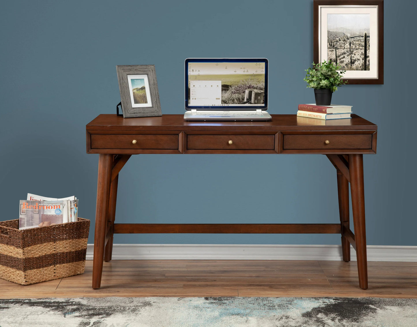 Flynn Large Desk in Rich Walnut - Mid-Century Modern Design with Three Felt-Lined Drawers and Elegant Tapered Legs for a Stylish Workspace