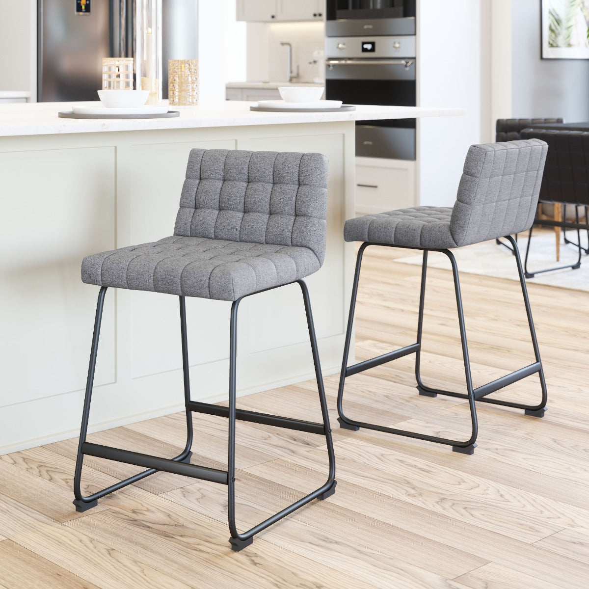 Pago Counter Stool Set of 2 - Gray Modern and Stylish Upholstered Stools for Contemporary Kitchens and Dining Spaces