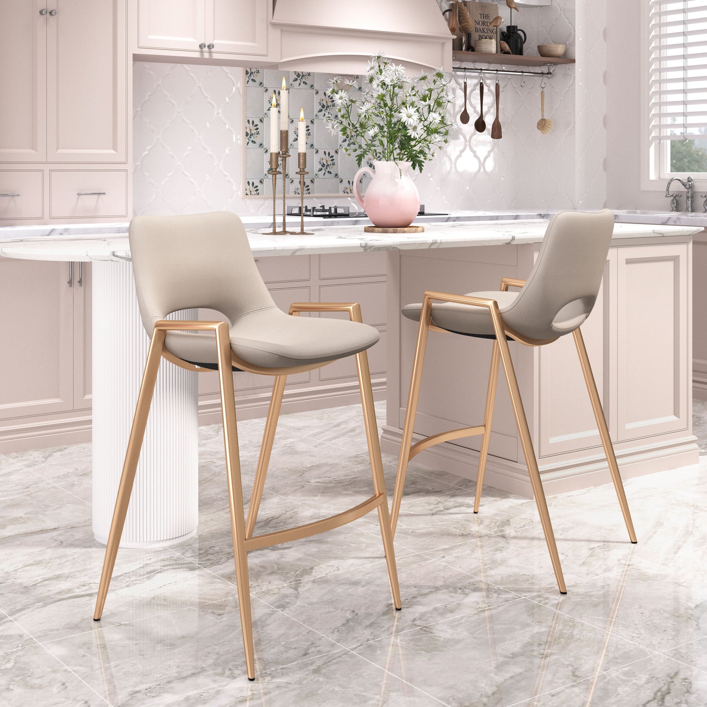 Desi Counter Stool Set of 2 - Chic Beige & Gold Design for Stylish Kitchens and Dining Areas
