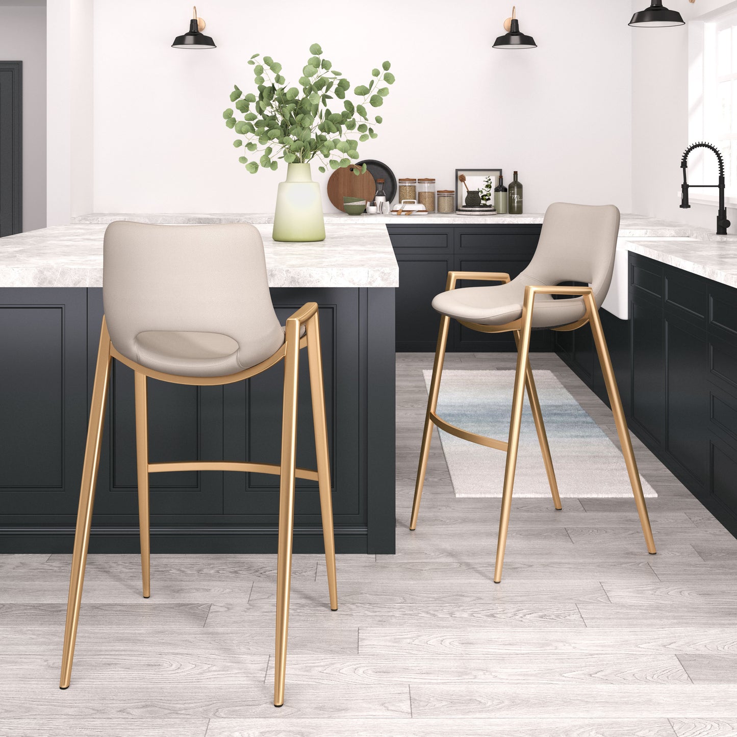 Desi Barstool Set of 2 - Stylish Beige & Gold Design for Contemporary Home Bars and Dining Areas