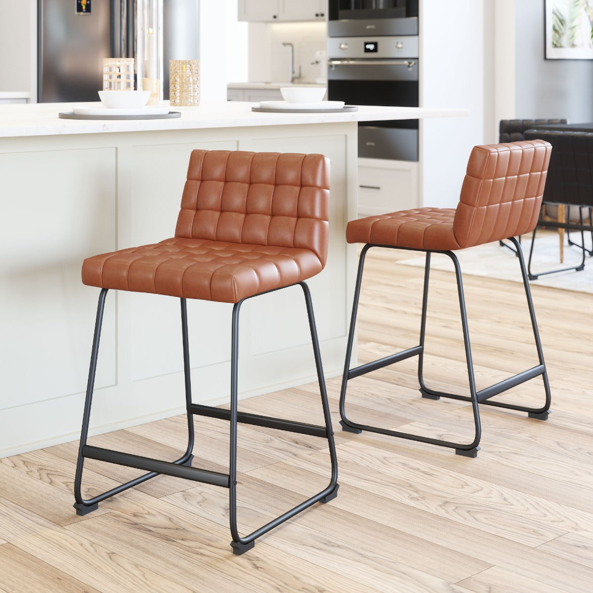 Pago Counter Stool Set of 2 - Brown Modern and Stylish Upholstered Stools for Contemporary Kitchens and Dining Spaces