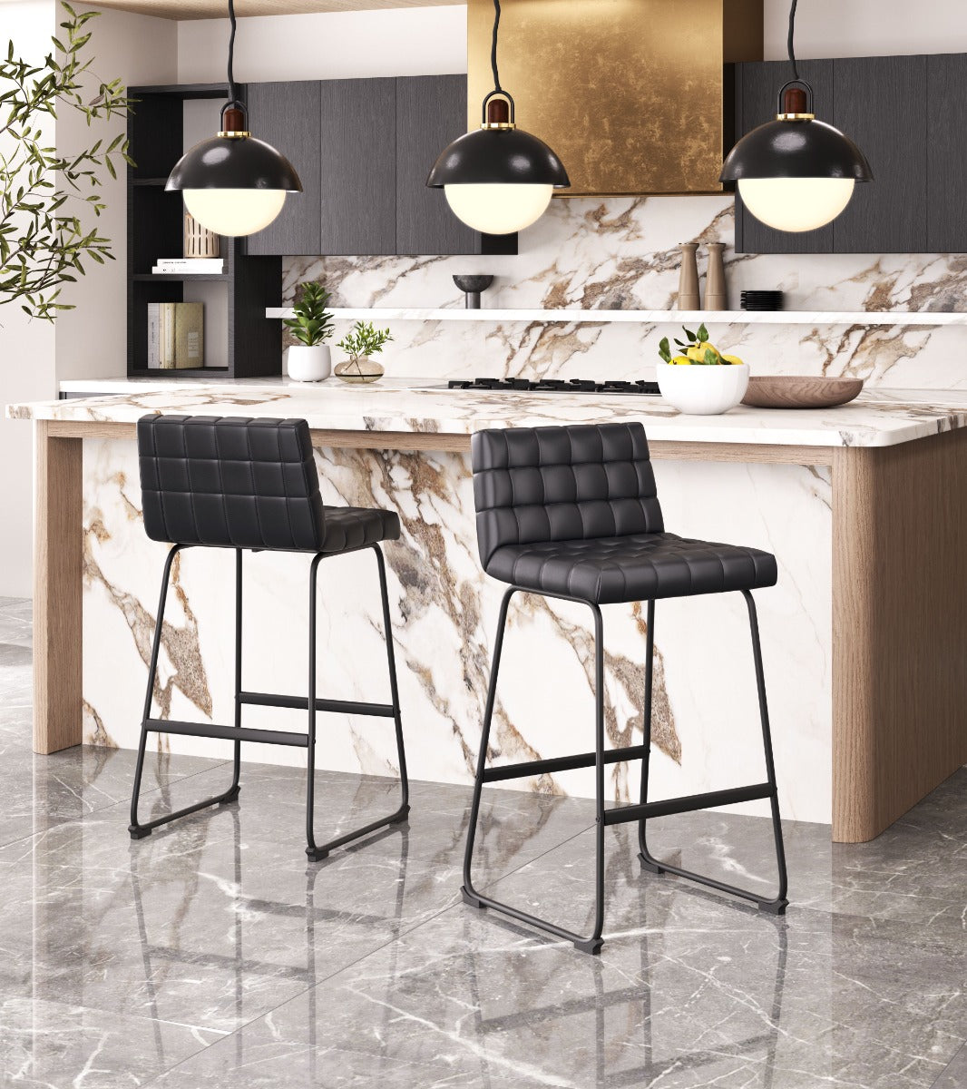 Pago Barstool Set of 2 - Black Sleek and Modern Upholstered Barstools for Contemporary Kitchens and Bars
