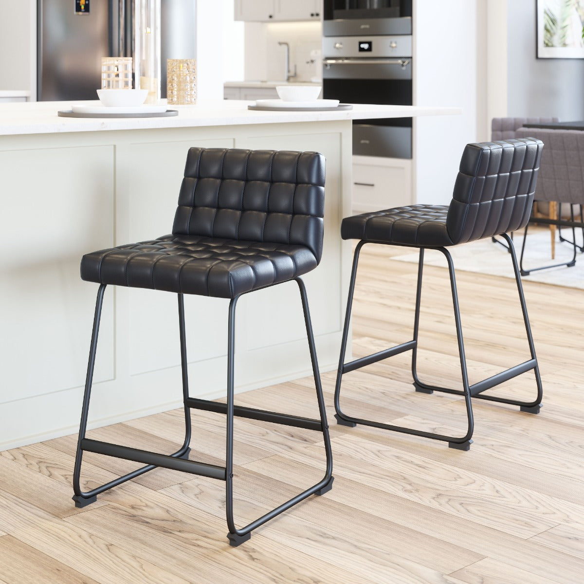 Pago Counter Stool Set of 2 - Black Modern and Stylish Upholstered Stools for Contemporary Kitchens and Dining Spaces