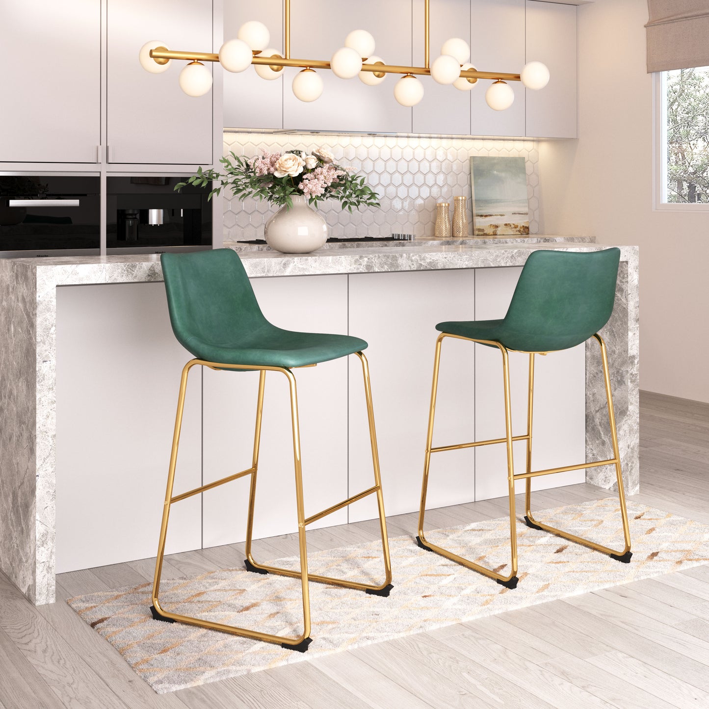 Augusta Barstool Set of 2 - Green & Gold Stylish and Modern Upholstered Barstools for Contemporary Kitchens and Bars