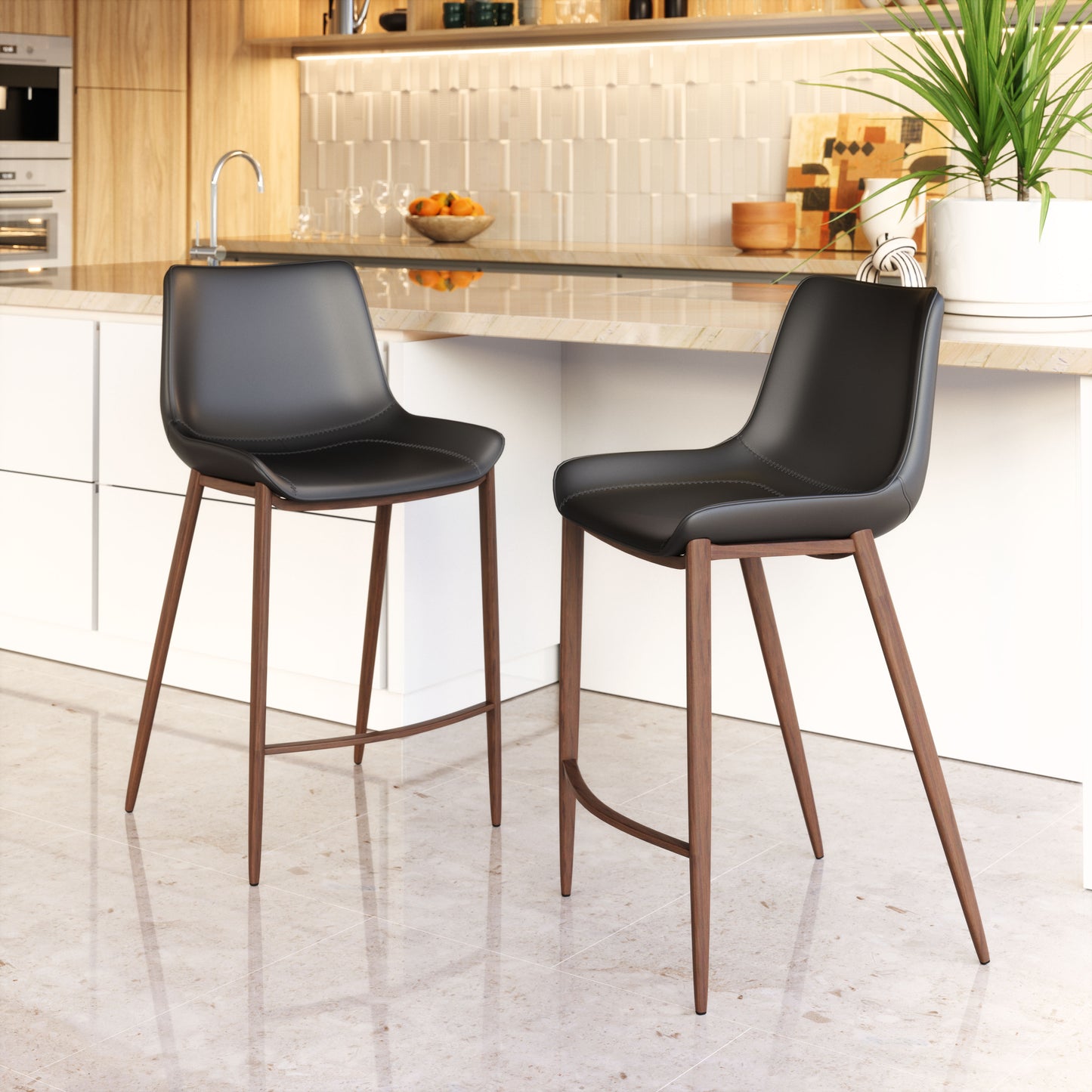 Magnus Counter Stool Set of 2 - Black & Walnut Modern and Stylish Counter Stools for Contemporary Kitchens and Dining Areas