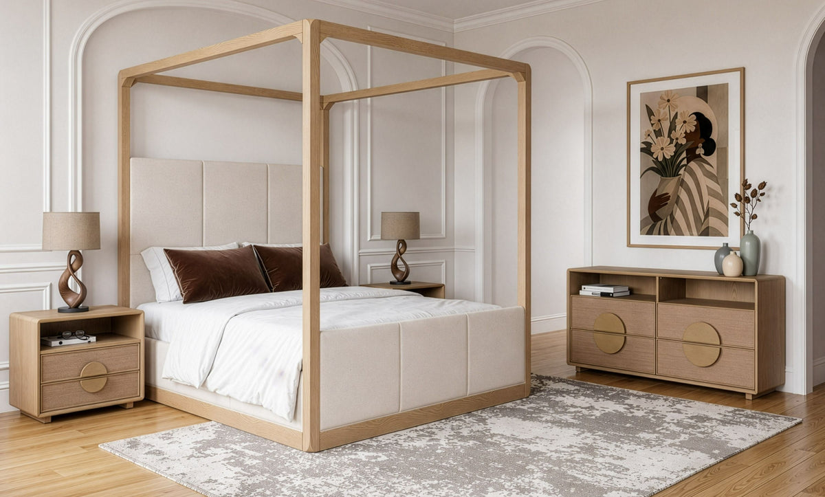 Sergio 4‑Piece Bedroom Set Natural Oak Upholstered Canopy Bed