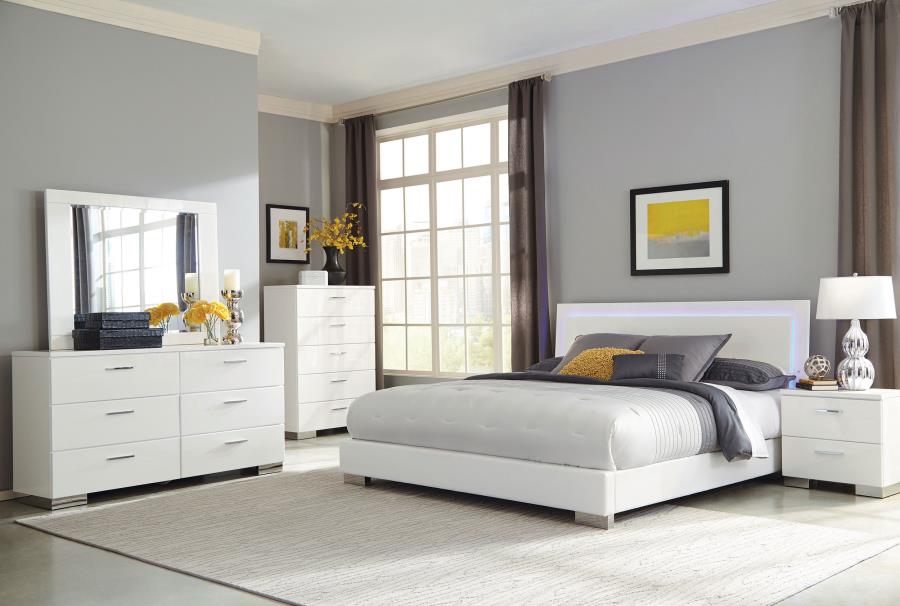 Felicity Wood LED Panel Bed White High Gloss - Modern and Stylish Bedroom Centerpiece with LED Accent