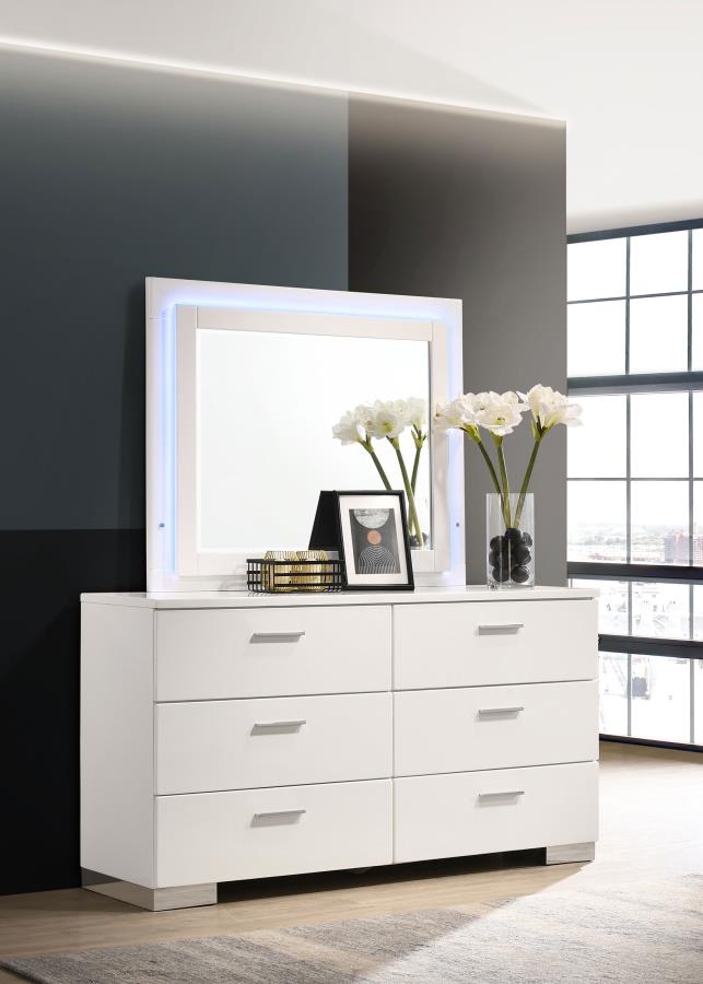 Felicity 6-Drawer Dresser with LED Mirror White High Gloss - Sleek and Stylish Bedroom Storage with Modern Lighting