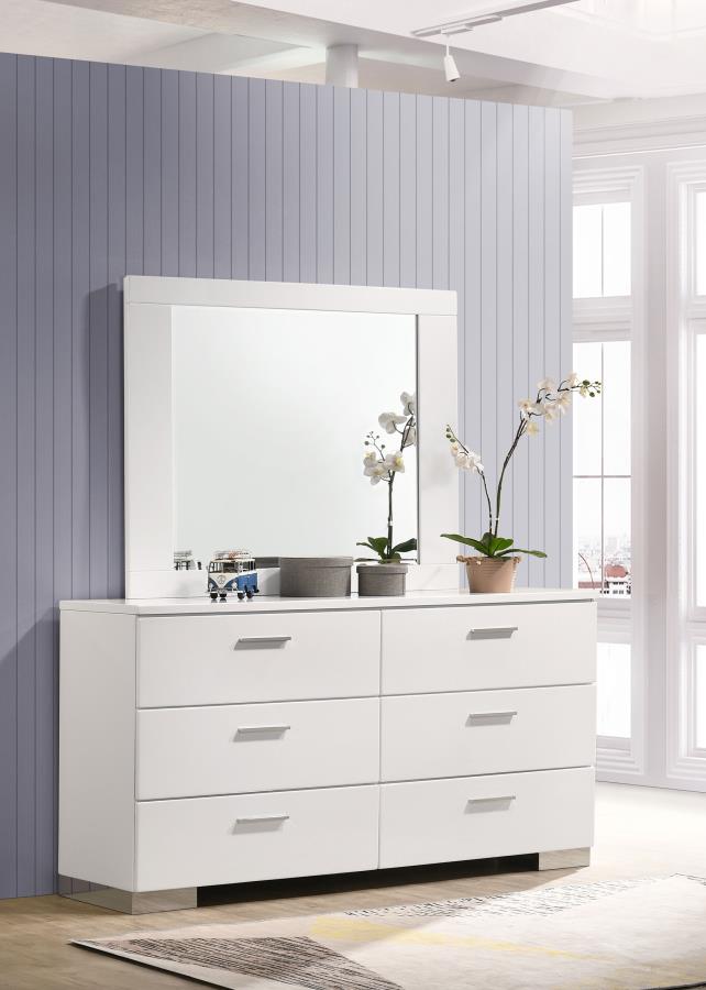 Felicity 6-Drawer Wood Dresser with Mirror White High Gloss - Modern and Elegant Bedroom Storage Solution