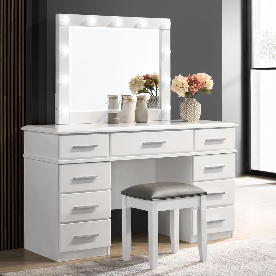 Felicity Upholstered Vanity Stool Metallic and Glossy White - Chic and Comfortable Seating for Your Vanity Area
