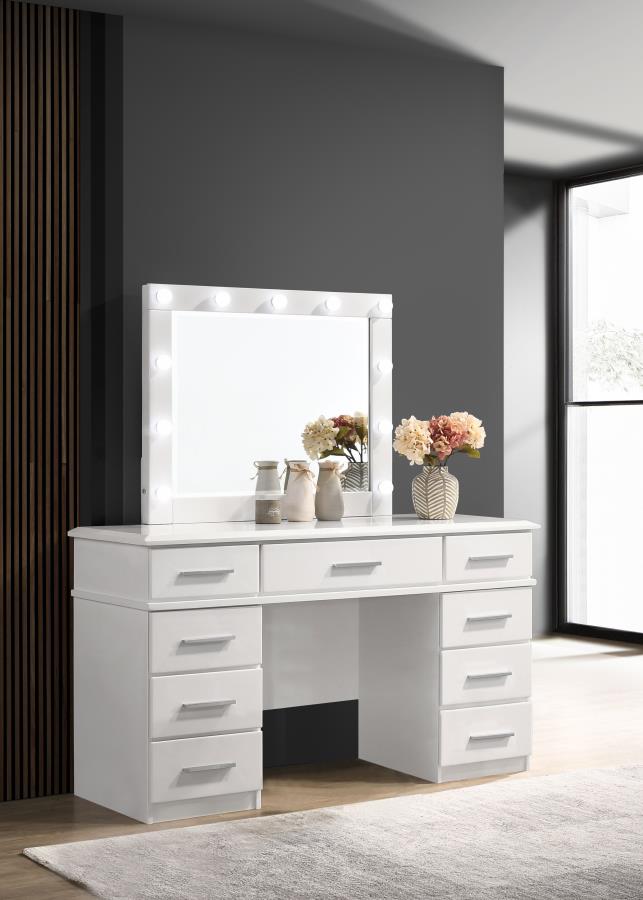 Felicity 9-Drawer Vanity Table Lighted Mirror Glossy White - Elegant and Functional Bedroom Makeup Station