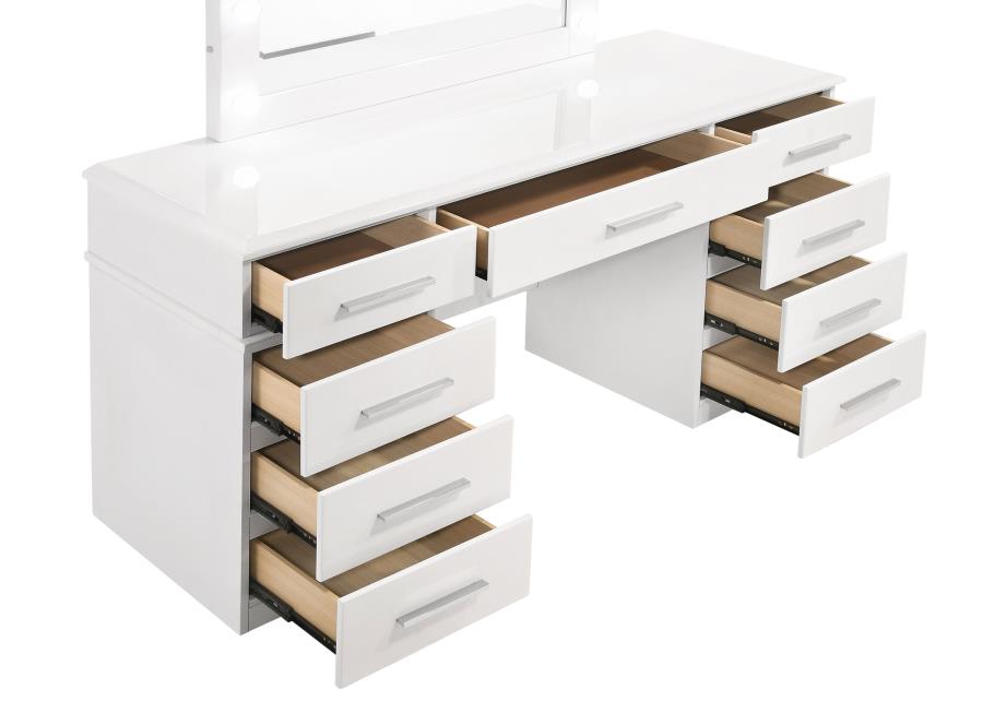 Felicity 9-Drawer Vanity Table Lighted Mirror Glossy White - Elegant and Functional Bedroom Makeup Station