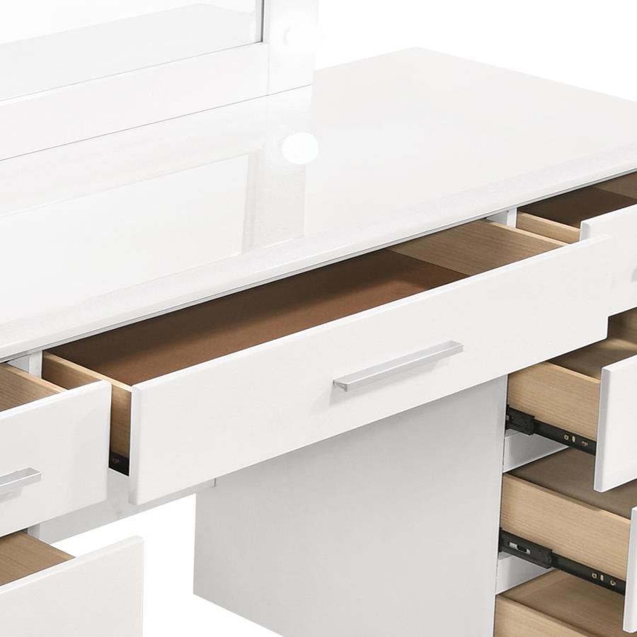 Felicity 9-Drawer Vanity Table Lighted Mirror Glossy White - Elegant and Functional Bedroom Makeup Station