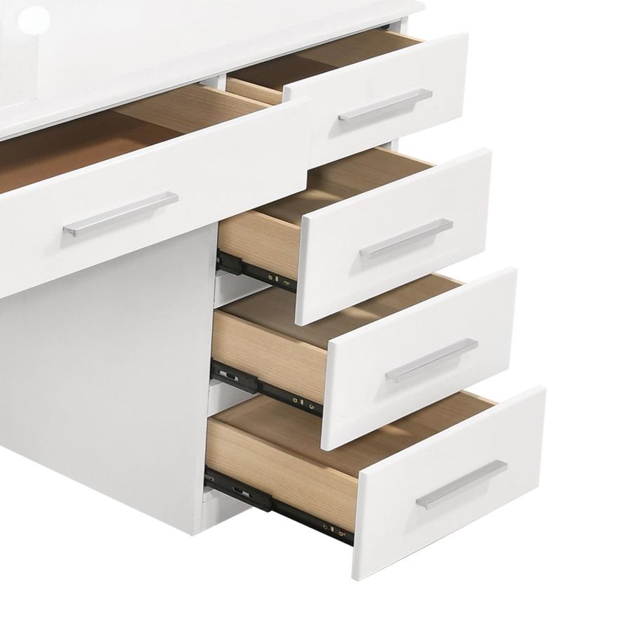 Felicity 9-Drawer Vanity Table Lighted Mirror Glossy White - Elegant and Functional Bedroom Makeup Station