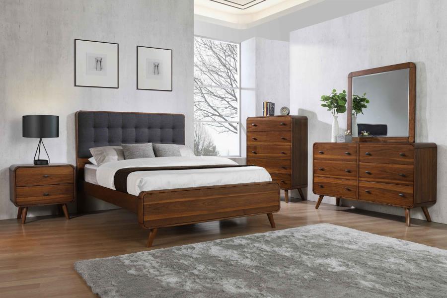 Robyn 5-Piece Dark Walnut Bedroom Set – Modern Bed, Dresser, Nightstands & Mirror