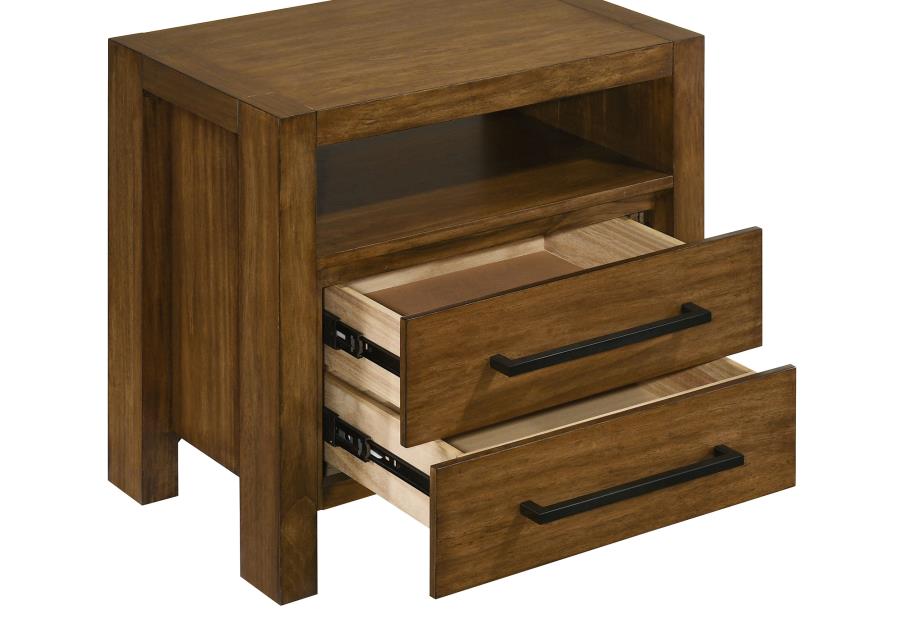 Adderley Warm Brown 2‑Drawer Nightstand with Open Shelf