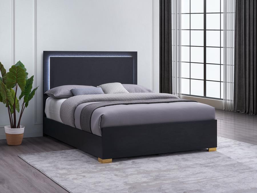 Marceline Wood LED Panel Bed in Black - Sleek, Modern Design with Built-In LED Lighting for a Bold Bedroom Statement