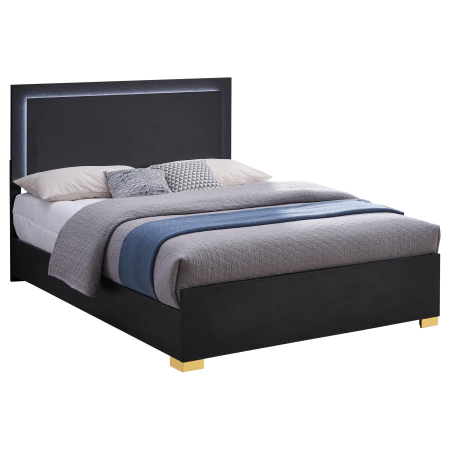 Marceline Wood LED Panel Bed in Black - Sleek, Modern Design with Built-In LED Lighting for a Bold Bedroom Statement
