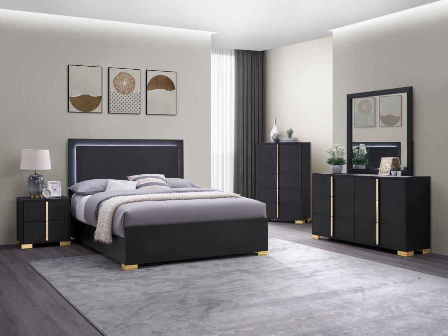 Marceline Wood LED Panel Bed in Black - Sleek, Modern Design with Built-In LED Lighting for a Bold Bedroom Statement