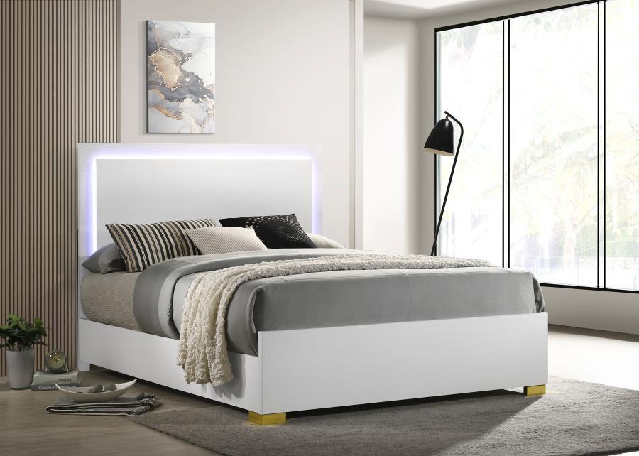 Marceline Wood LED Panel Bed in White - Modern and Stylish Design with Built-In LED Lighting for a Bright, Contemporary Bedroom