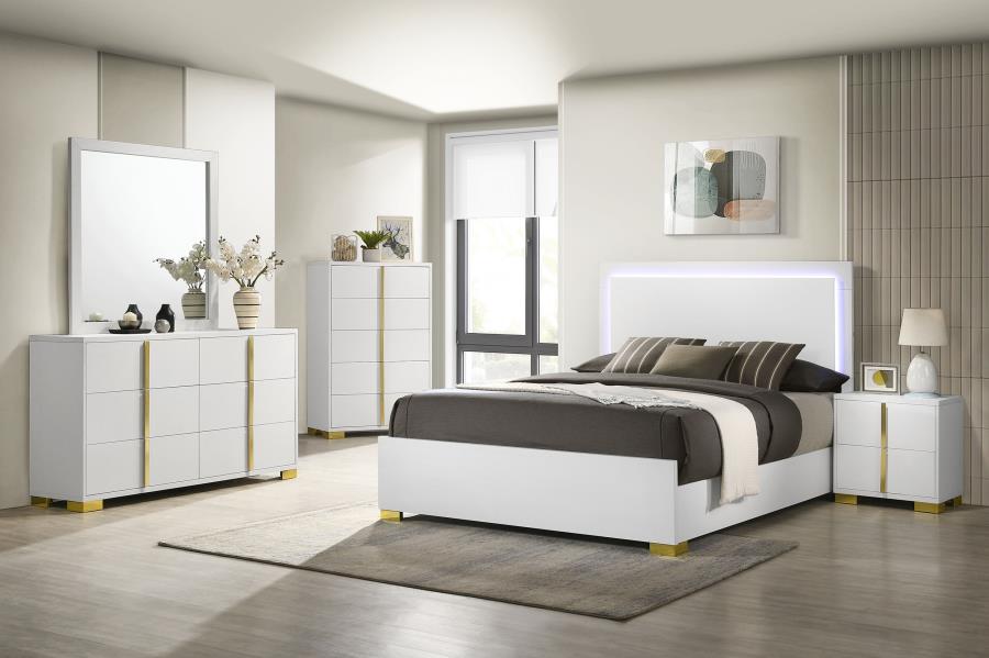 Marceline Wood LED Panel Bed in White - Modern and Stylish Design with Built-In LED Lighting for a Bright, Contemporary Bedroom