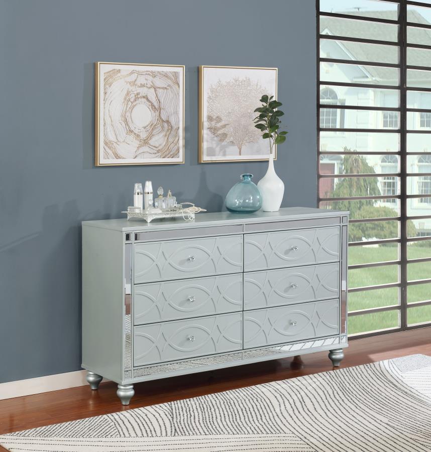 Gunnison 6-Drawer Dresser β Silver Metallic Finish for Modern Glam and Spacious Bedroom Storage