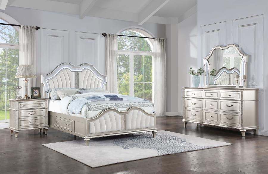 Evangeline 4-Piece Upholstered Platform Bedroom Set β Ivory & Silver Oak Finish for Luxurious Comfort and Timeless Elegance
