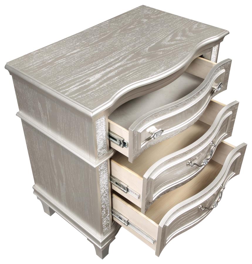 Evangeline 3-Drawer Nightstand β Silver Oak Finish for Glamorous Design and Practical Bedroom Storage