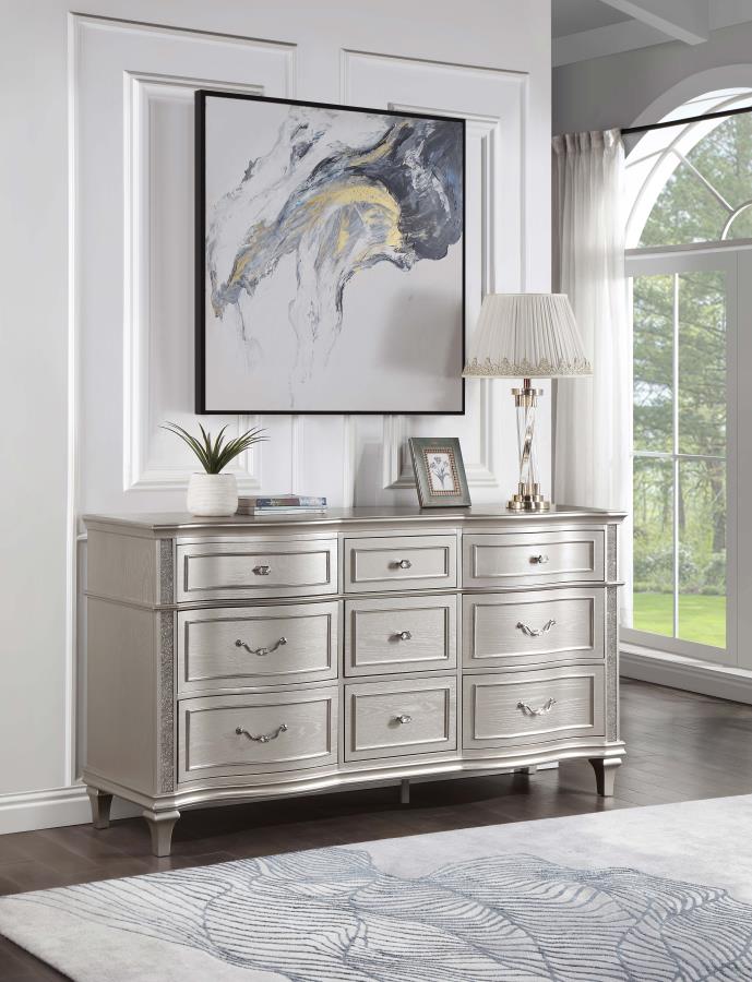 Evangeline 9-Drawer Dresser β Silver Oak Finish for Luxurious Bedroom Style and Spacious Storage Elegance