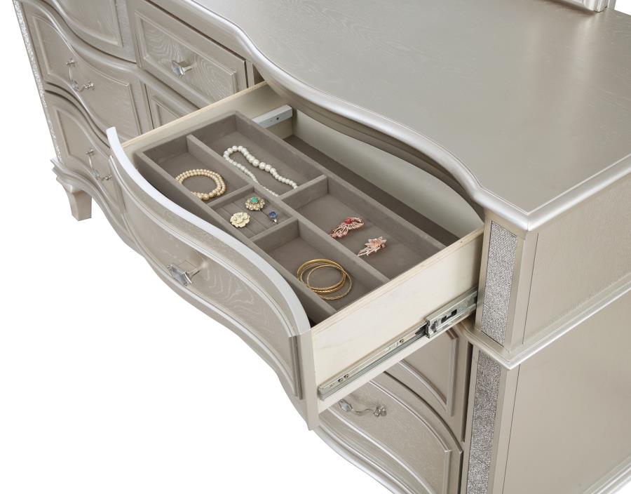 Evangeline 9-Drawer Dresser β Silver Oak Finish for Luxurious Bedroom Style and Spacious Storage Elegance