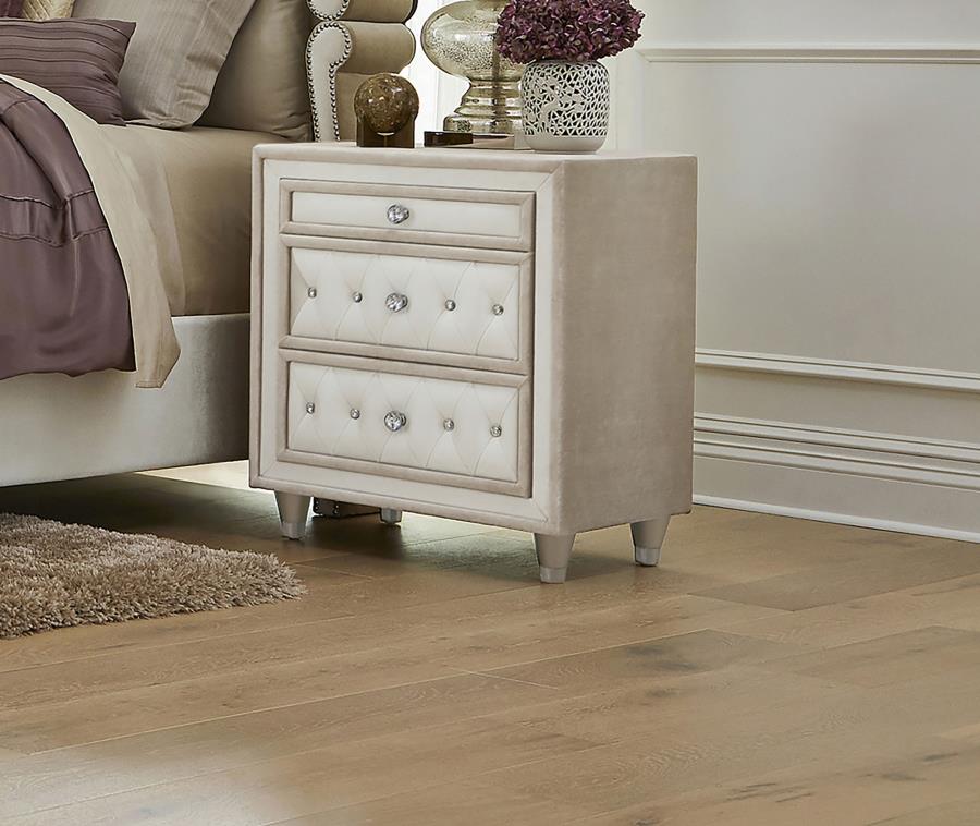 Antonella Upholstered 3-Drawer Nightstand in Ivory and Camel - Elegant and Functional Storage with a Sophisticated Design for Your Bedroom
