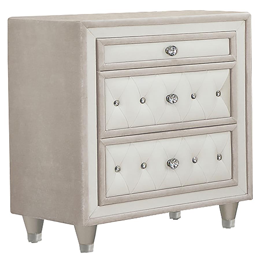 Antonella Upholstered 3-Drawer Nightstand in Ivory and Camel - Elegant and Functional Storage with a Sophisticated Design for Your Bedroom